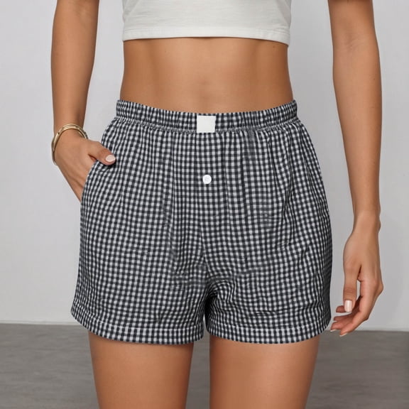 ZHOGXU Womens Casual Shorts Elastic Waist Plaid Print Button Front Comfortable Stretchy Lightweight Shorts With Pockets For Everyday Wear Black L