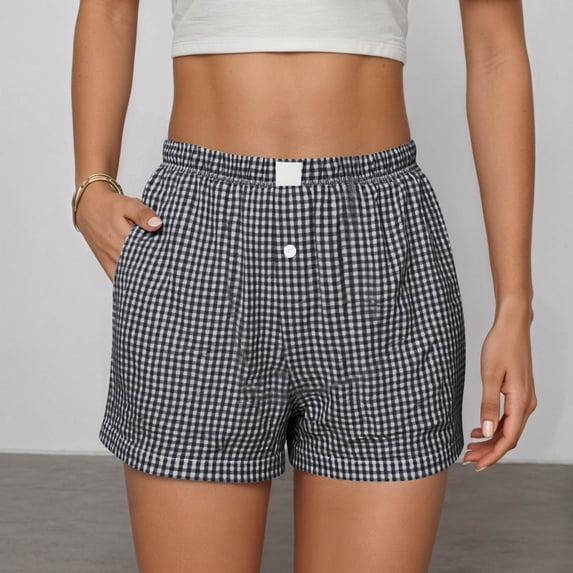 ZHOGXU Womens Casual Shorts Elastic Waist Plaid Print Button Front Comfortable Stretchy Lightweight Shorts With Pockets For Everyday Wear Black L