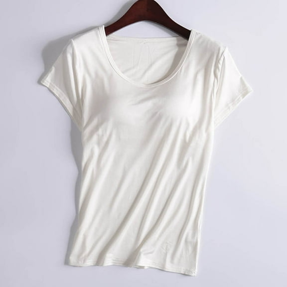 ZHOGXU Womens Casual T Shirts Built-In Bra Short Sleeve Crew Neck Solid Color Comfortable Breathable Tee Top For Everyday Wear,Beige,Xl