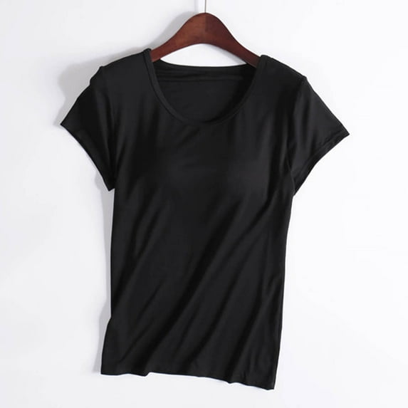 ZHOGXU Womens Casual T Shirts Built-In Bra Short Sleeve Crew Neck Solid Color Comfortable Breathable Tee Top For Everyday Wear,Black,Xxl