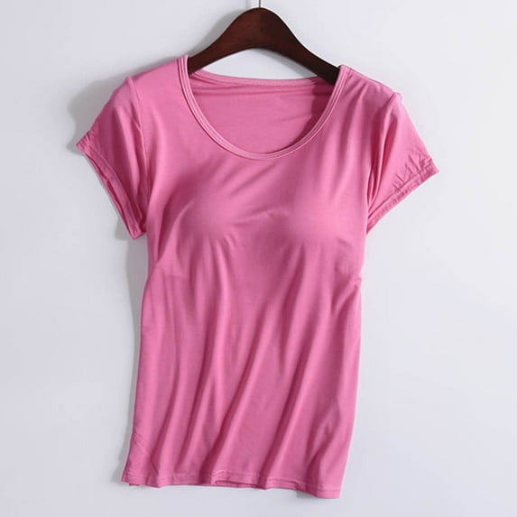 ZHOGXU Womens Casual T Shirts Built-In Bra Short Sleeve Crew Neck Solid Color Comfortable Breathable Tee Top For Everyday Wear,Hot Pink,Xxl