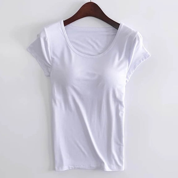 ZHOGXU Womens Casual T Shirts Built-In Bra Short Sleeve Crew Neck Solid Color Comfortable Breathable Tee Top For Everyday Wear,White,L
