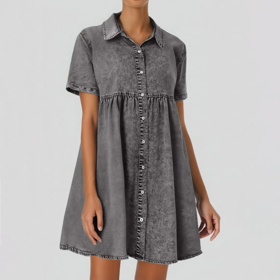 ZHOGXU Womens Denim Dress Short Sleeve Lapel Buttons Comfortable Stylish Shirt Dresses With Pockets For Casual Daily Wear,Grey,Xxl