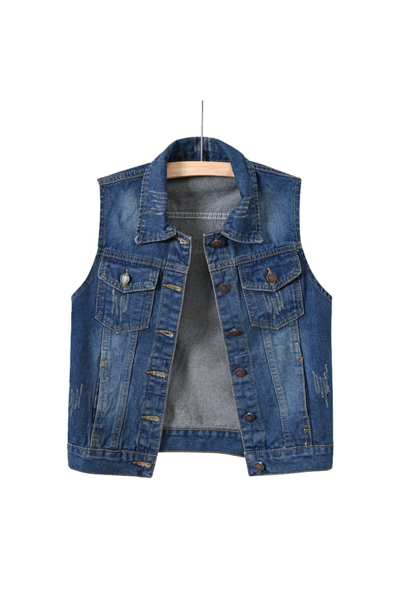 Womens Denim Jacket With Pocket Sleeveless Lapel Buttoned Comfortable Fashion Crop Vest Top For Casual Daily Wear Blue L