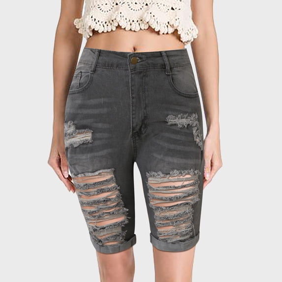 ZHOGXU Womens Denim Shorts With Pocket Solid Color Ripped Slim Elastic Fashion Shorts For Casual Daily Wear,Grey,Xxl