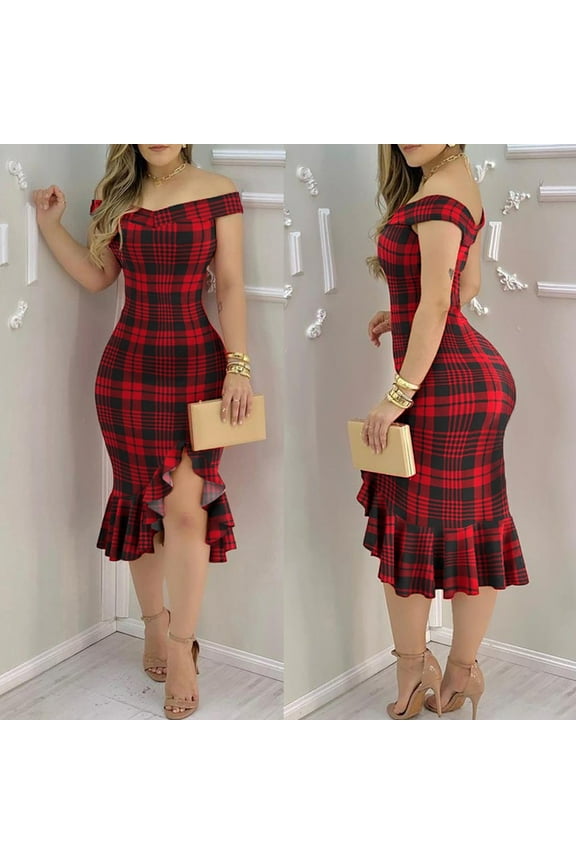 Womens Dress Off The Shoulder Plaid Print Ruffle Split Fashion Comfortable Slim Fit Dresses For Casual Daily Wear,Red,S
