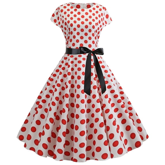 ZHOGXU Womens Elegant Vintage Midi Dresses Polka Dot Short Sleeve ...