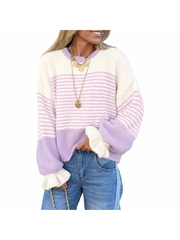 Womens Fall Sweaters Color Block Striped Crewneck Ruffle Long Sleeve Pullover Fall Winter Clothing,Purple,S