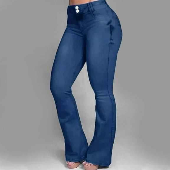 ZHOGXU Womens Flare Jeans With Pocket High Waist Solid Color Buttons Slim Casual Classic Denim Pants Trousers For Everyday Wear,Blue,S