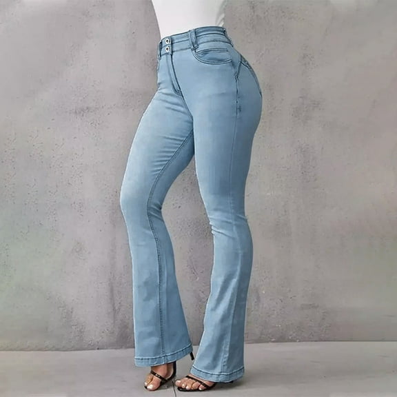 ZHOGXU Womens Flare Jeans With Pocket High Waist Solid Color Buttons Slim Casual Classic Denim Pants Trousers For Everyday Wear,Light Blue,S