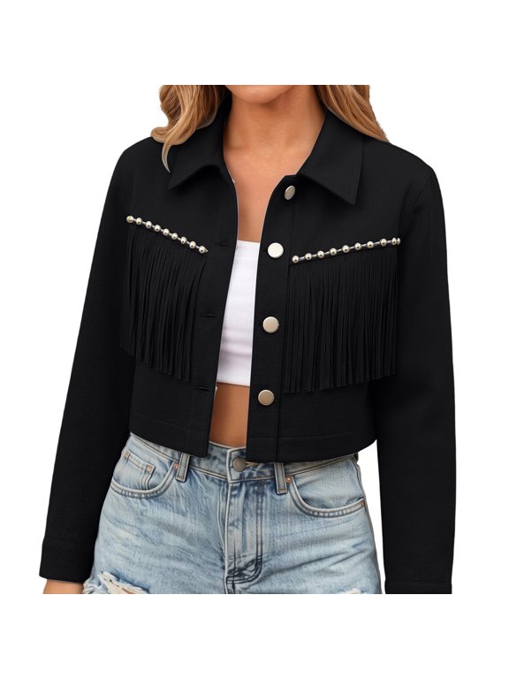Womens Fringe Jackets Fall Western Motorcycle Cropped Turndown Collar Button Front Coat Stylish,Vacation,Black,XXL