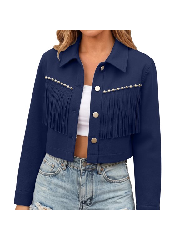 Womens Fringe Jackets Fall Western Motorcycle Cropped Turndown Collar Button Front Coat Stylish,Vacation,Navy,XXL