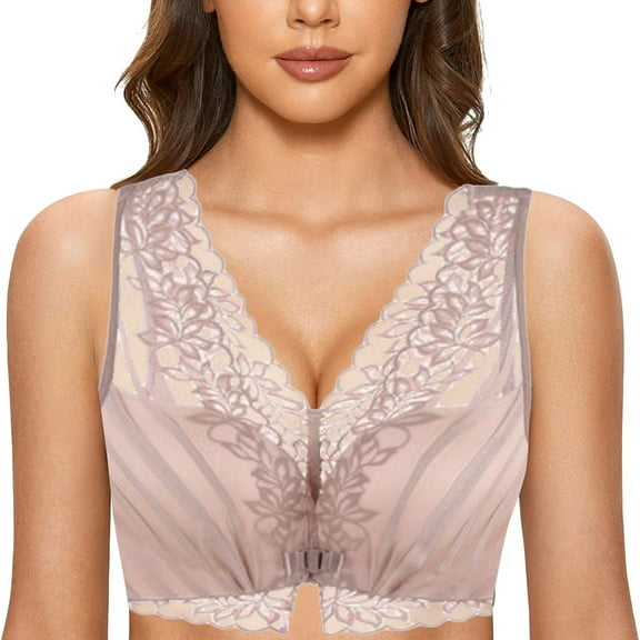 ZHOGXU Womens Front Closure Bra Lace Seamless Wireless Push Up Comfortable Breathable Bralette For Everyday Wear,Brown,48/110C