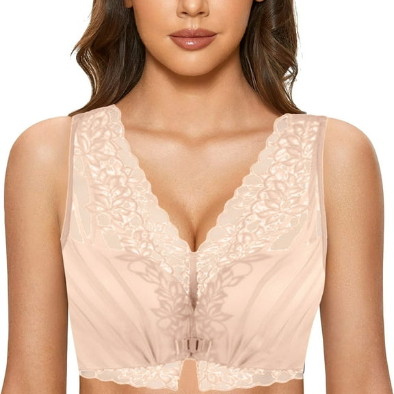 ZHOGXU Womens Front Closure Bra Lace Seamless Wireless Push Up Comfortable Breathable Bralette For Everyday Wear,Skin,42/95C