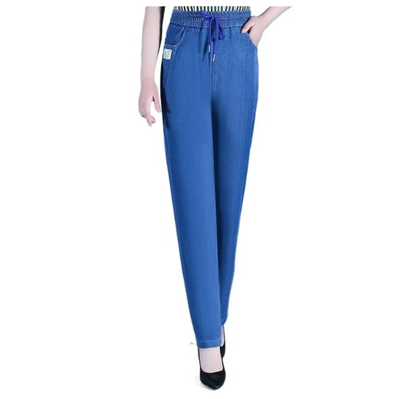 ZHOGXU Womens Jeans Drawstring Elastic Waist Fashion Stretch Slim Fit Denim Pants With Pockets For Daily Wear Light Blue M