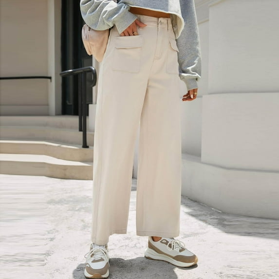 ZHOGXU Womens Jeans With Pocket Solid Color High Waist Straight Fit Wide Leg Casual Stretch Denim Pants Trousers For Outdoor Activities,Beige,Xs