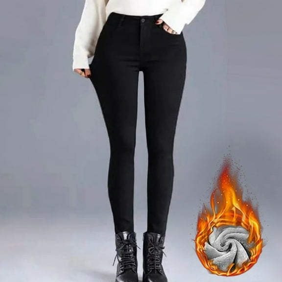 ZHOGXU Womens Jeans With Pocket Solid Color High Waist Thick Skinny Plush Lined Warm Stretch Denim Pants Trousers For Everyday Wear,Black,Xxl