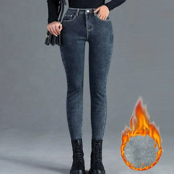ZHOGXU Womens Jeans With Pocket Solid Color High Waist Thick Skinny Plush Lined Warm Stretch Denim Pants Trousers For Everyday Wear,Dark Gray,S