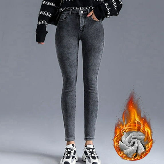 ZHOGXU Womens Jeans With Pocket Solid Color High Waist Thick Skinny Plush Lined Warm Stretch Denim Pants Trousers For Everyday Wear,Grey,Xl