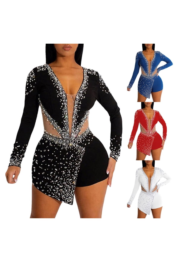 Womens Jumpsuits Long Sleeve V Neck Rhinestone Comfortable Bodycon Fashion Romper For Club Party,Blue,M
