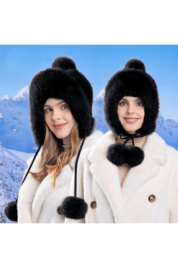 Womens Knit Hat With Pompom Solid Color Plush Thickened Fashion Comfortable Caps For Autumn Winter Daily Wear Black One Size