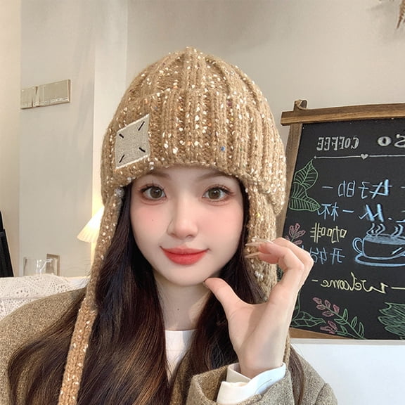ZHOGXU Womens Knitted Hat Solid Color Drawstring Windproof Thickened Warm Comfortable Caps For Autumn Winter Daily Wear Khaki One Size