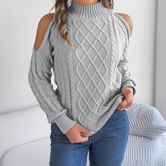 ZHOGXU Womens Knitted Sweater Long Sleeve Cold Shoulder Turtleneck Solid Color Comfortable Fashion Soft Pullovers Tops For Fall Winter Daily Wear Grey L