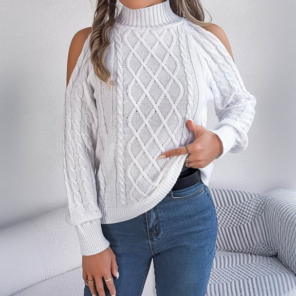 ZHOGXU Womens Knitted Sweater Long Sleeve Cold Shoulder Turtleneck Solid Color Comfortable Fashion Soft Pullovers Tops For Fall Winter Daily Wear White S