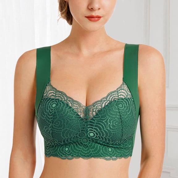 ZHOGXU Womens Lace Bra Seamless Wireless Solid Color Push Up Patchwork Comfortable Breathable Brassiere For Casual Daily Wear,Army Green,42