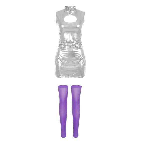 ZHOGXU Womens Metallic Shiny Sleeveless Dress High Neck Cutout Bodycon Party Mini Dresses With Socks For Nightclub Party