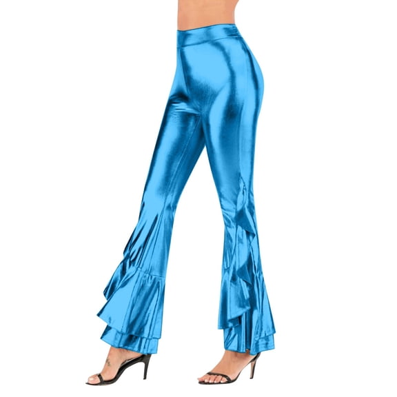 ZHOGXU Womens Pants High Waist Solid Color Fashion Slim Fit Flared Trousers With Asymmetric Hem For Stage Performance And Daily Wear Light Blue Xl