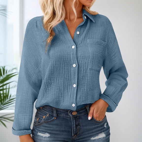 ZHOGXU Womens Shirt With Pocket Long Sleeve Lapel Solid Color Buttons Fashion Comfortable Top For Casual Daily Wear Sky Blue S