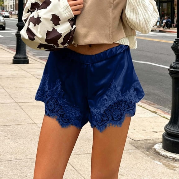 ZHOGXU Womens Shorts Elastic Waist Solid Color Lace Trim Elegant Wide Leg Fashionable Comfortable Shorts For Daily Wear Blue M