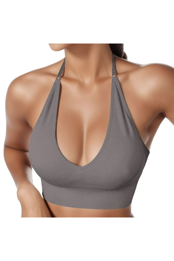 Womens Sports Bra Halter Neck Adjustable Straps Push Up Seamless Padded Backless Solid Color Comfortable Breathable Brassiere For Casual Daily Wear,Gy2,L