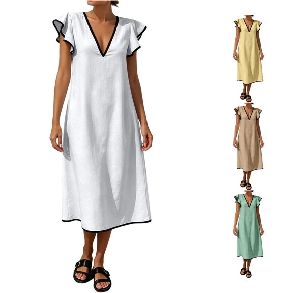 ZHOGXU Womens Summer Dresses Flying Sleeve V Neck Solid Color Loose Fit Comfortable Bohemian Dress For Casual Daily Wear,White,S