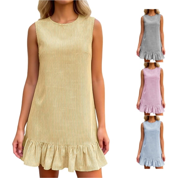 ZHOGXU Womens Summer Dresses Sleeveless Round Neck Striped Print A Line Elegant Relaxed Fit Dress For Casual Daily Wear,Yellow,S