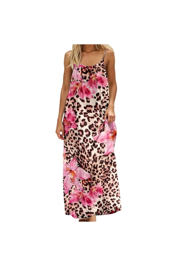 Womens Summer Dresses Sleeveless Spaghetti Strap Leopard Flower Printed Comfortable Loose Fit Dress For Casual Daily Wear,Pink,Xxl
