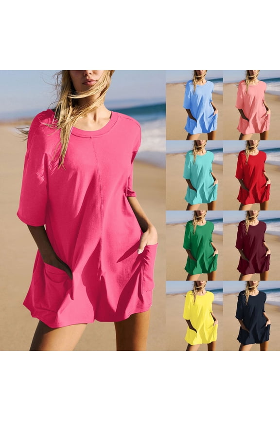Womens Summer Romper Short Sleeve Round Neck Solid Color Comfortable Stylish Jumpsuits With Pockets For Casual Daily Wear,Brick Red,L