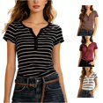 thumbnail image 1 of ZHOGXU Womens Summer T Shirt Short Sleeve V Neck Button Front Striped Print Lightweight Stylish Slim Fit Tee Top For Everyday Wear,Black,L, 1 of 4