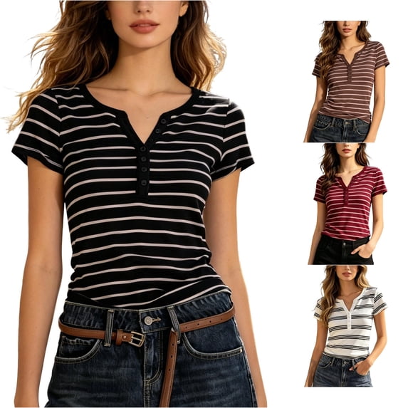 ZHOGXU Womens Summer T Shirt Short Sleeve V Neck Button Front Striped Print Lightweight Stylish Slim Fit Tee Top For Everyday Wear,Black,L