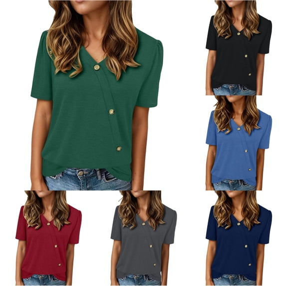 ZHOGXU Womens Summer T Shirt Short Sleeve V Neck Solid Color Button Details Lightweight Breathable Tee Top For Casual Daily Wear,Dark Green,Xxl