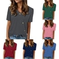 thumbnail image 1 of ZHOGXU Womens Summer T Shirt Short Sleeve V Neck Solid Color Button Details Lightweight Breathable Tee Top For Casual Daily Wear,Grey,L, 1 of 4
