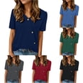 thumbnail image 1 of ZHOGXU Womens Summer T Shirt Short Sleeve V Neck Solid Color Button Details Lightweight Breathable Tee Top For Casual Daily Wear,Navy,Xxl, 1 of 4