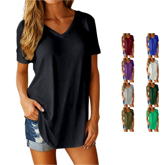 ZHOGXU Womens Summer T Shirt Short Sleeve V Neck Solid Color Comfortable Lightweight Breathable Tee Top For Casual Daily Wear,Black,Xxxxl