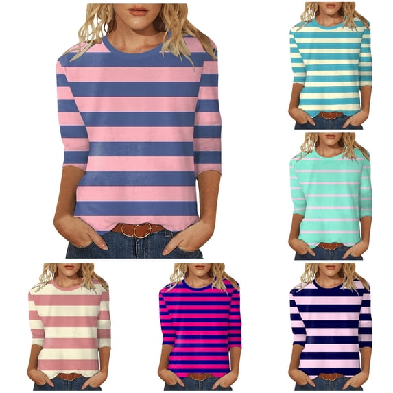 ZHOGXU Womens Summer Tops 3/4 Sleeve Crew Neck Striped Printed Loose Fit Soft T Shirt Basic Tees For Casual Daily Wear,Hot Pink,XL