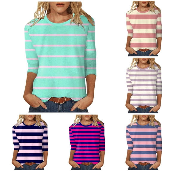 ZHOGXU Womens Summer Tops 3/4 Sleeve Crew Neck Striped Printed Loose Fit Soft T Shirt Basic Tees For Casual Daily Wear,Mint Green,XL