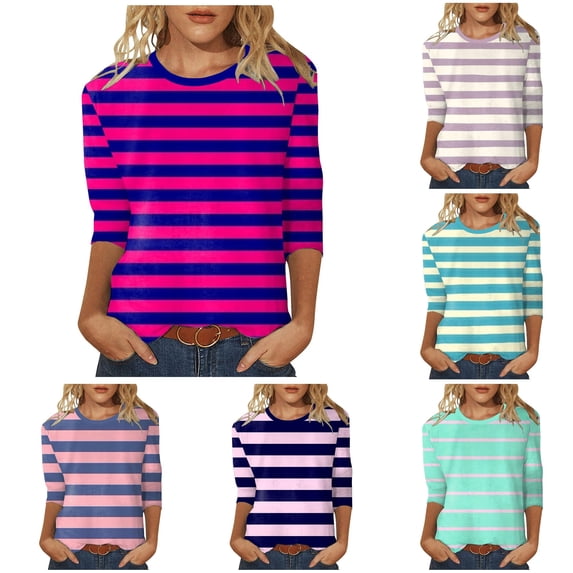 ZHOGXU Womens Summer Tops 3/4 Sleeve Crew Neck Striped Printed Loose Fit Soft T Shirt Basic Tees For Casual Daily Wear,Purple,XL