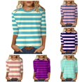 thumbnail image 1 of ZHOGXU Womens Summer Tops 3/4 Sleeve Crew Neck Striped Printed Loose Fit Soft T Shirt Basic Tees For Casual Daily Wear,Sky Blue,M, 1 of 6