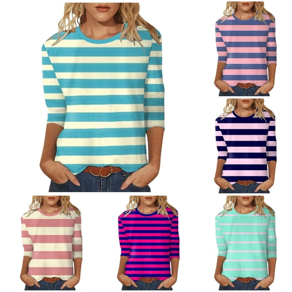 ZHOGXU Womens Summer Tops 3/4 Sleeve Crew Neck Striped Printed Loose Fit Soft T Shirt Basic Tees For Casual Daily Wear,Sky Blue,M