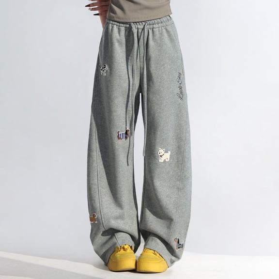 ZHOGXU Womens Sweatpants Drawstring Elastic Waisted Wide Leg Cartoon Embroidery Comfortable Loose Fit Fashion Pants Trousers For Daily Wear Gy2 M